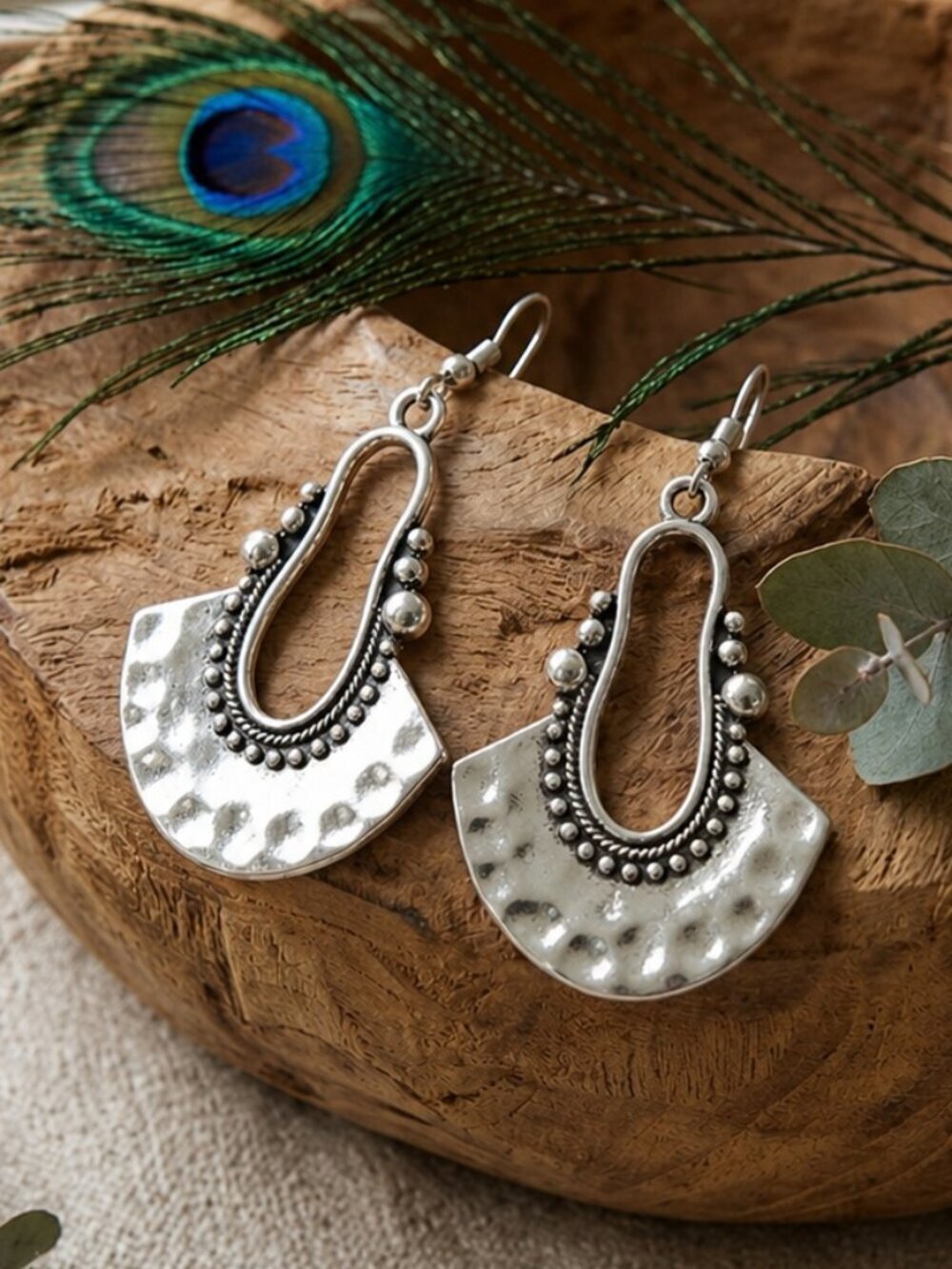Boho Chic Antique Silver Plated Hammered Fan Statement Drop Dangle Earrings